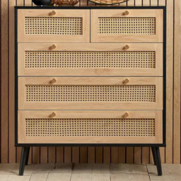 Croxley 5 Drawer Black and Oak Rattan Chest of Drawers