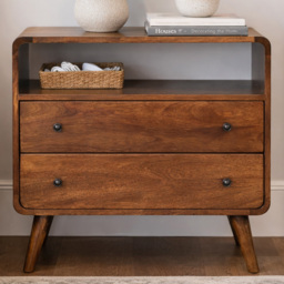 Artisan Furniture Dark Brown 2 Drawer Single Shelf Solid Wood Curved Nordic Charm Chest - thumbnail 1
