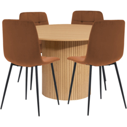Axel 4 Seater Round Fluted Dining Set Oak and Russet Fabric - thumbnail 2
