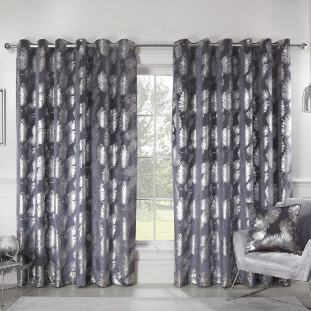 Divante Plume Charcoal Metallic Feather Eyelet Curtain 168 x 137cm - image 1