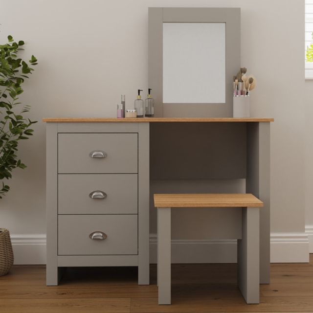 GFW Lancaster 3 Drawer Grey Dressing Table Set with Mirror - image 1