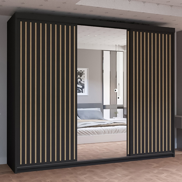M N Furniture Roman 3 Door Black and Oak Mirrored Sliding Wardrobe 250cm - image 1