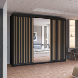 M N Furniture Roman 3 Door Black and Oak Mirrored Sliding Wardrobe 250cm - thumbnail 4