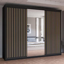 M N Furniture Roman 3 Door Black and Oak Mirrored Sliding Wardrobe 250cm