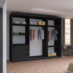 M N Furniture Roman 3 Door Black and Oak Mirrored Sliding Wardrobe 250cm - thumbnail 3