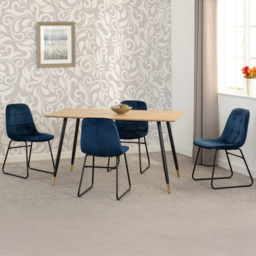Seconique Hamilton Lukas Oak Effect Velvet 4 Seater Dining Table Set Sapphire Blue