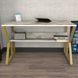 Decorotika Wake White Marble Effect and Gold Single Shelf Computer Desk