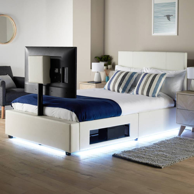 XR Living Ava White Small Double PU Upholstered TV Bed with Underbed Lights - image 1