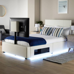 XR Living Ava White Small Double PU Upholstered TV Bed with Underbed Lights