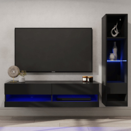 GFW Galicia 6 Shelf Black Compact Wall Mounted LED Media Set