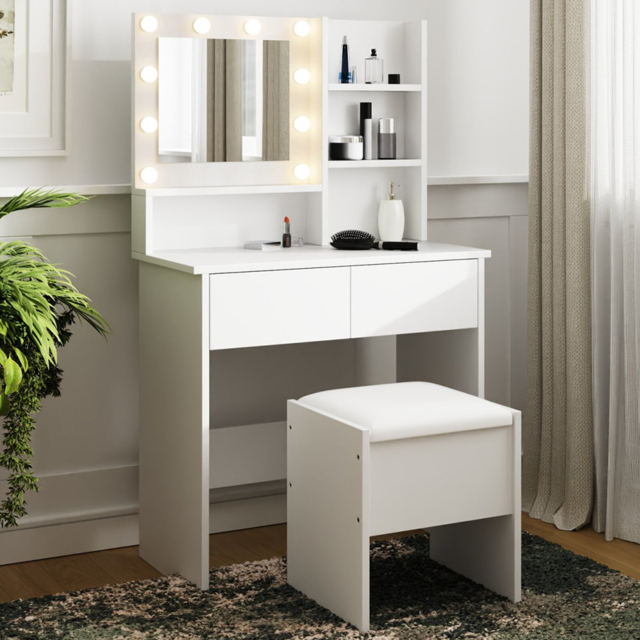 GFW Eva 2 Drawer White Dressing Table Set with LED Mirror - image 1