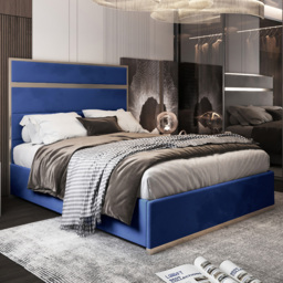 Bentley Blue Single Velvet Upholstered Metal Bed Frame with Panelled Headboard