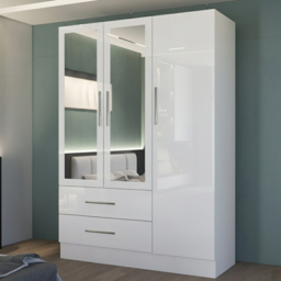M N Furniture Glossera 3 Door 2 Drawer White High Gloss Mirrored Wardrobe 116cm