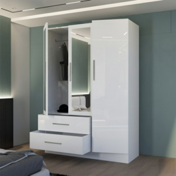 M N Furniture Glossera 3 Door 2 Drawer White High Gloss Mirrored Wardrobe 116cm - thumbnail 3