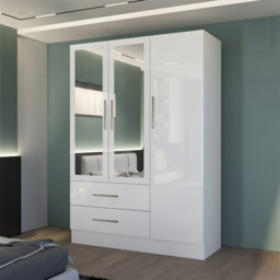 M N Furniture Glossera 3 Door 2 Drawer White High Gloss Mirrored Wardrobe 116cm - thumbnail 4