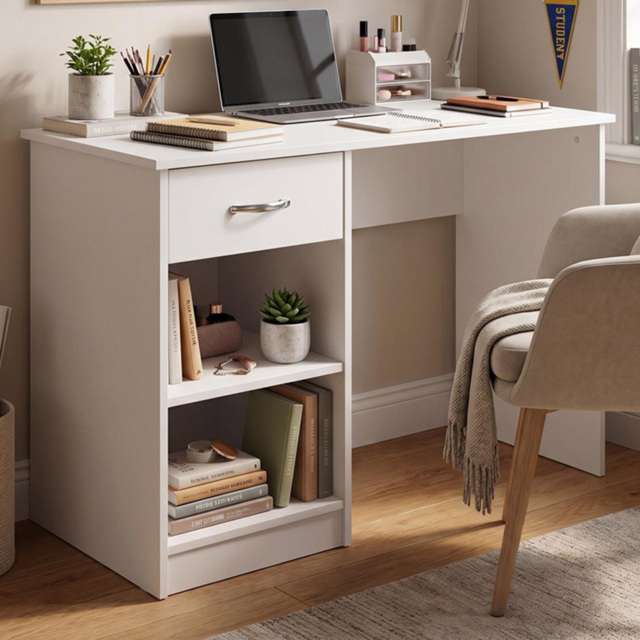FWStyle Promo White Single Drawer 2 Shelf Computer Desk