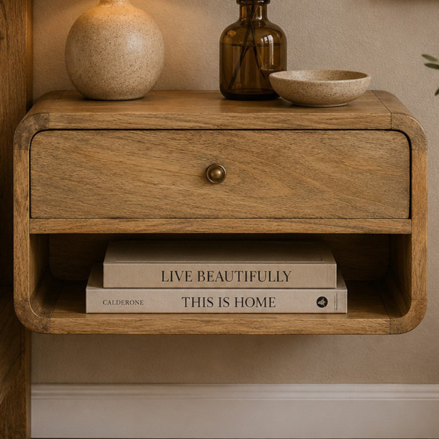 Artisan Furniture Oak Single Drawer Single Shelf Mango Wood Curved Floating Bedside Table - image 1