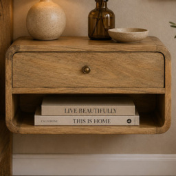 Artisan Furniture Oak Single Drawer Single Shelf Mango Wood Curved Floating Bedside Table - thumbnail 1