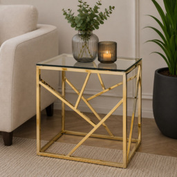 Premier Housewares Allure Champagne Gold Geometric Glass Top End Table - thumbnail 4