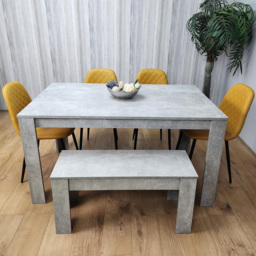 Kosy Koala 6 Seater Faux Leather Rectangular Dining Bench Set Stone Grey Effect and Mustard