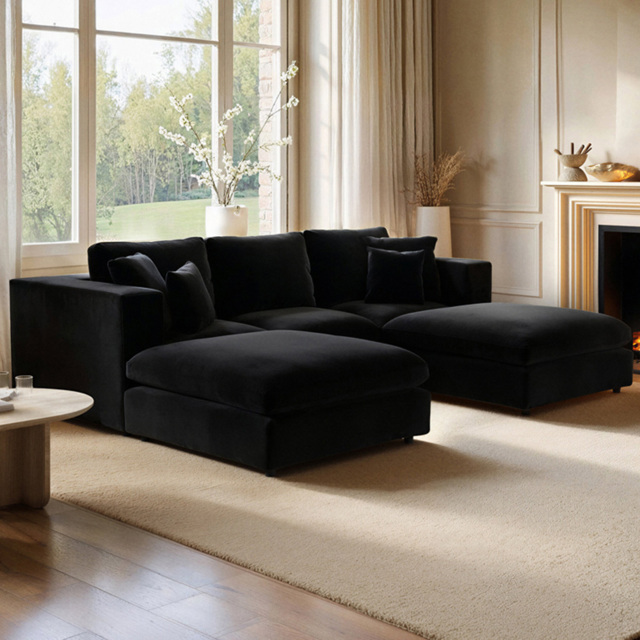 SOLACE+CO Asher Black 4 Seater Velvet U Shape Sofa with Footstool - image 1