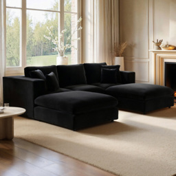 SOLACE+CO Asher Black 4 Seater Velvet U Shape Sofa with Footstool