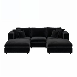 SOLACE+CO Asher Black 4 Seater Velvet U Shape Sofa with Footstool - thumbnail 3