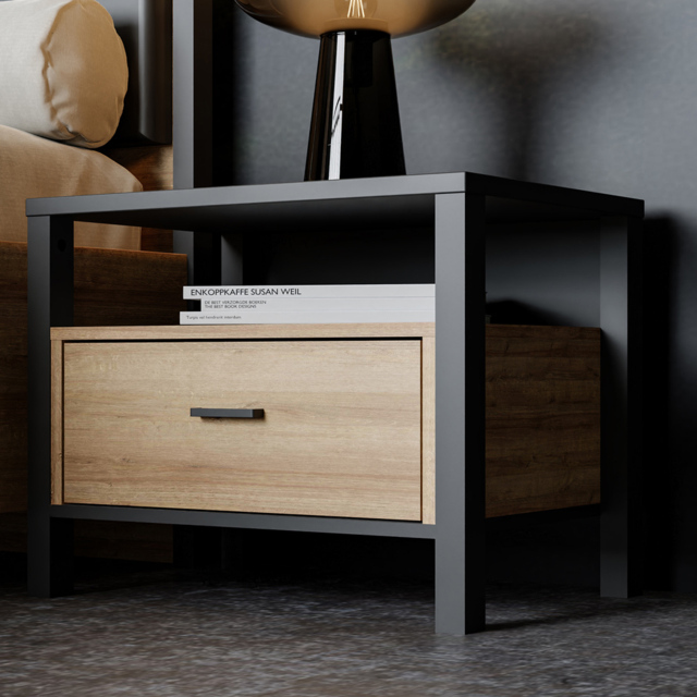Florence High Rock Single Drawer Matt Black and Riviera Oak Bedside Table - image 1