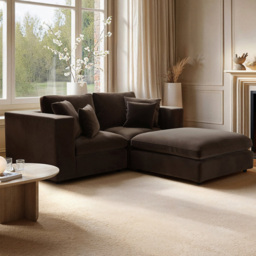 SOLACE+CO Asher Brown 3 Seater Velvet Sofa with Footstool