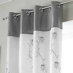 Alan Symonds Tahiti Floral Lined Ring Top Eyelet Voile Curtains Silver and White 142 x 229cm - thumbnail 2