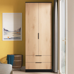 Crowndale Java Slatted Effect Black 2 Drawer Tall Double Wardrobe Ready Assembled