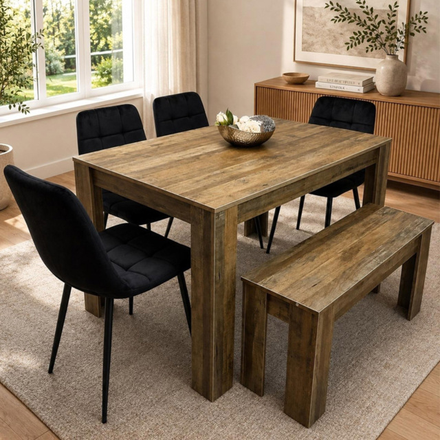 Kosy Koala 6 Seater MDF and Velvet Rectangle Dining Table Set with Bench Black - image 1