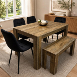 Kosy Koala 6 Seater MDF and Velvet Rectangle Dining Table Set with Bench Black