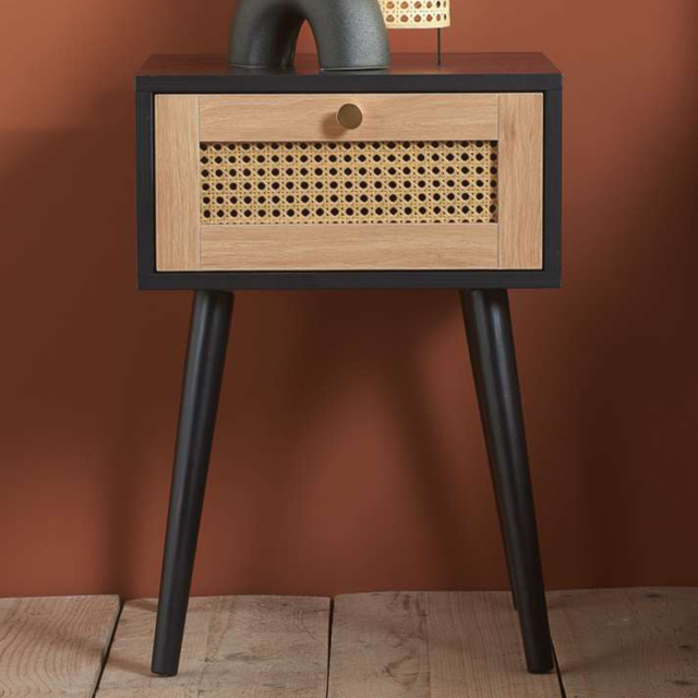 Croxley Single Drawer Black and Oak Rattan Bedside Table - image 1