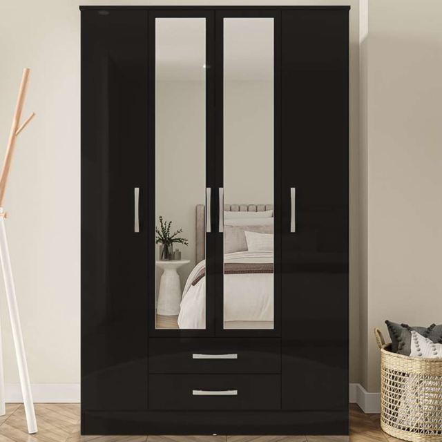 Lynx 4 Door 2 Drawer Black Mirror Wardrobe - image 1