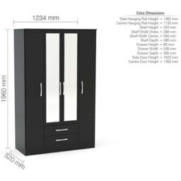 Lynx 4 Door 2 Drawer Black Mirror Wardrobe - thumbnail 4
