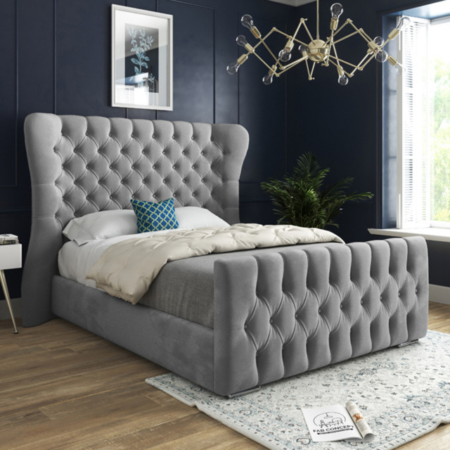Parma Small Double Grey Soft Velvet Upholstered Bed Frame with Curved Winged Headboard - image 1
