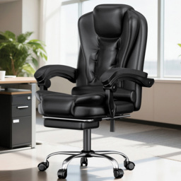 Rattrix PU Leather Black Reclining Swivel Office Chair with Footrest and Lumbar Support