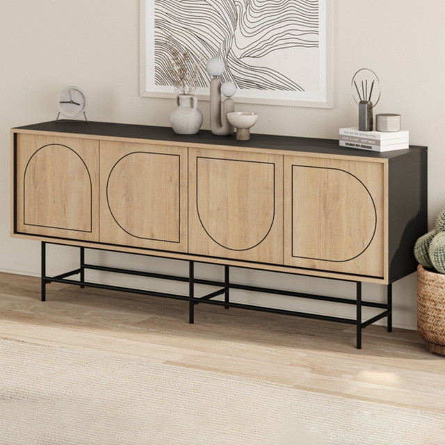 Decortie Joji Silky Black and Oak 4 Door Laser-Cut Design Modern Console Unit - image 1