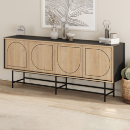 Decortie Joji Silky Black and Oak 4 Door Laser-Cut Design Modern Console Unit