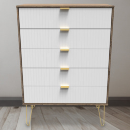 Crowndale 5 Drawer White Matt and Vintage Oak Wide Chest of Drawers Ready Assembled