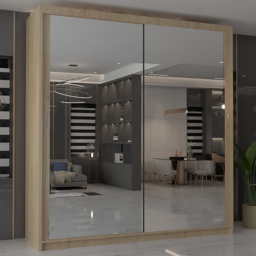 M N Furniture Modern Gala 2 Door Oak Mirrored Sliding Wardrobe 150cm - thumbnail 1