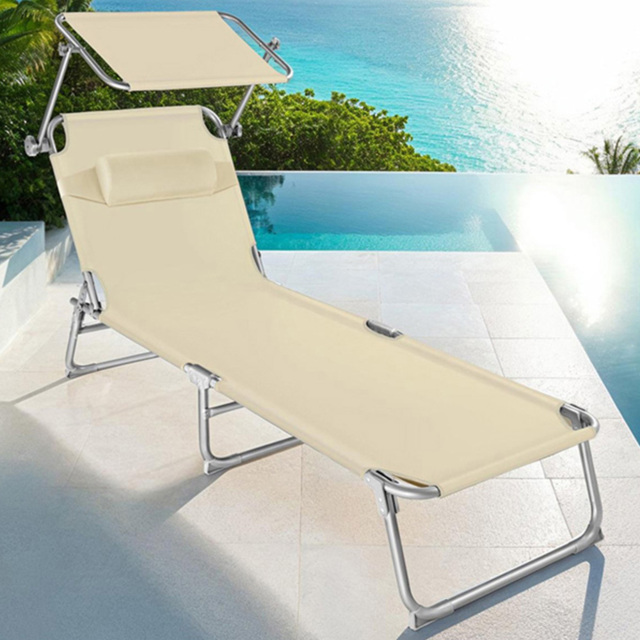 tectake Chloa Beige 4 Position Folding Sun Lounger with Adjustable Sunshade - image 1