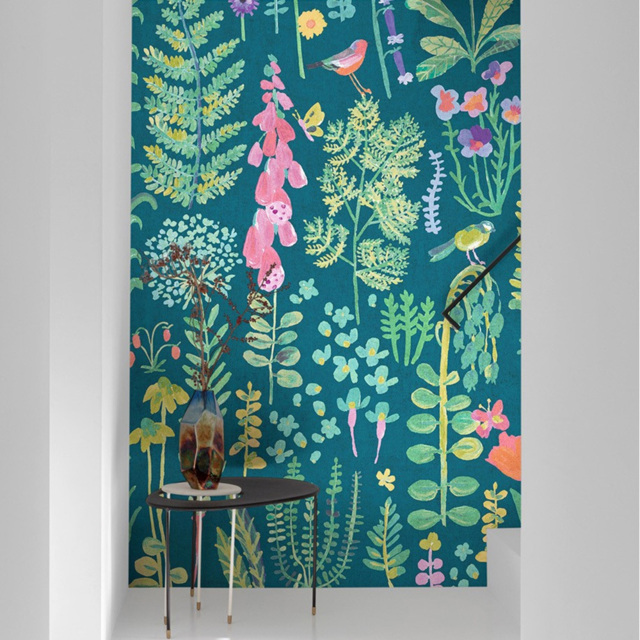Grandeco Dark Teal Meadow Flower Painted Sprig 3 Panel Wall Mural - image 1
