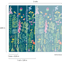 Grandeco Dark Teal Meadow Flower Painted Sprig 3 Panel Wall Mural - thumbnail 4
