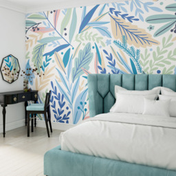 Origin Murals Patterned Leaves Blue Wall Mural - thumbnail 1
