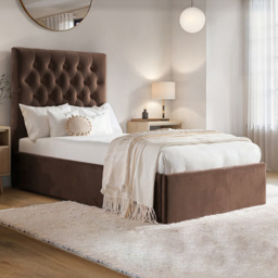 Flair Milan Brown Velvet Single Lift-Up Ottoman Bed Frame with Padded Headboard - thumbnail 1