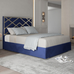 Mayfair Blue Small Double Velvet Upholstered Metal Bed Frame with Panelled Headboard