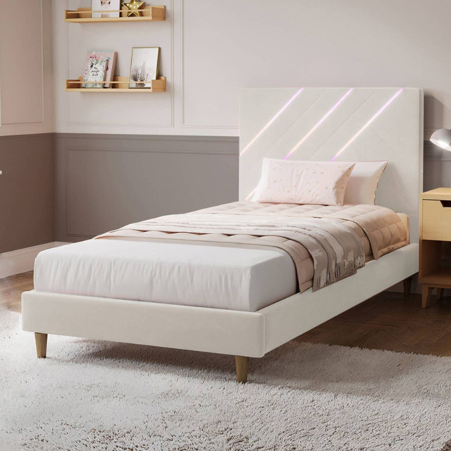 XR Living Lily Ivory Single Velvet Bed Frame with App Controlled RGB LED Light - image 1