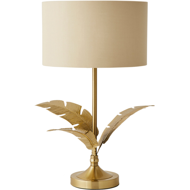 ValueLights Christina Metallic Gold Inner Natural Drum Shade Gold Palm Leaf LED Table Lamp - image 1